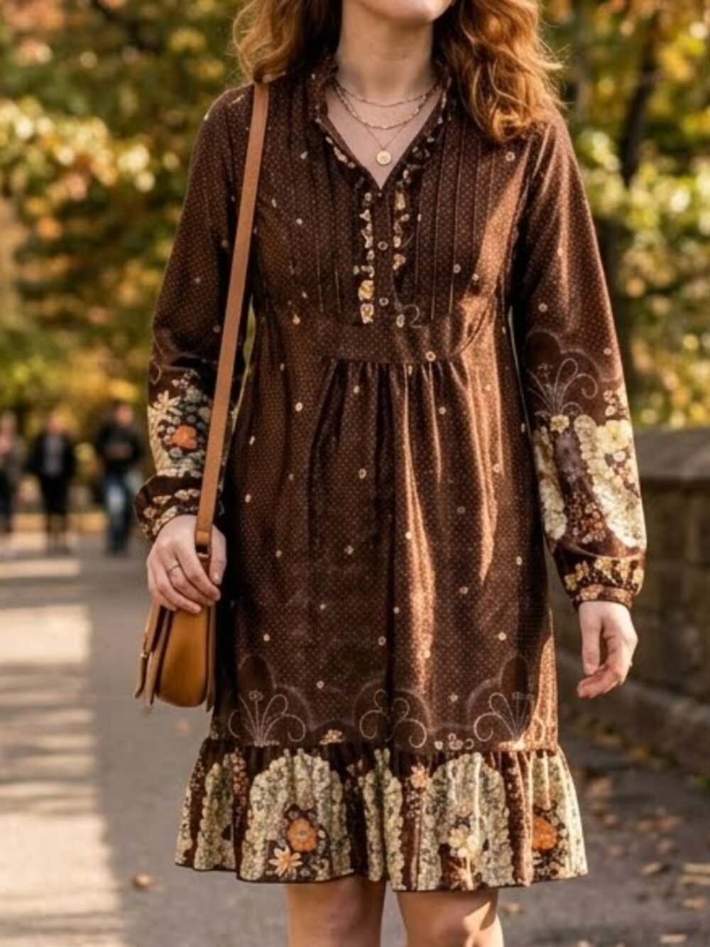 213 Women's Vintage-Style Boho-Chic Dark Brown Long Sleeve Dress